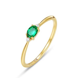 Oval Cut Emerald & White Diamond Horizontal Stone Ring 18K - Etsy