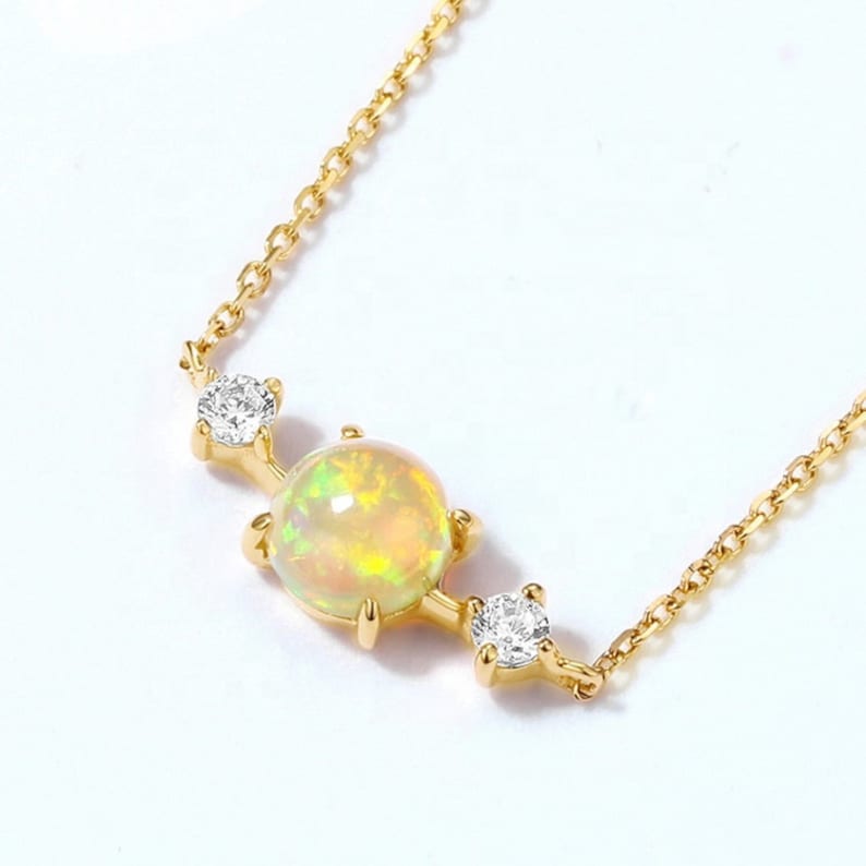 Natural Opal White Diamond Necklace Handmade 18K Solid Yellow Natural Opal White Diamond Necklace Handmade 18K Solid Yellow