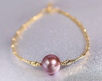 18k Yellow Gold 11mm Natural Pink Purple High Luster Pearl Bracelet, Handmade Beaded Pearl Bracelets, Rose Pink Pearl Bracelets, Gift Idea