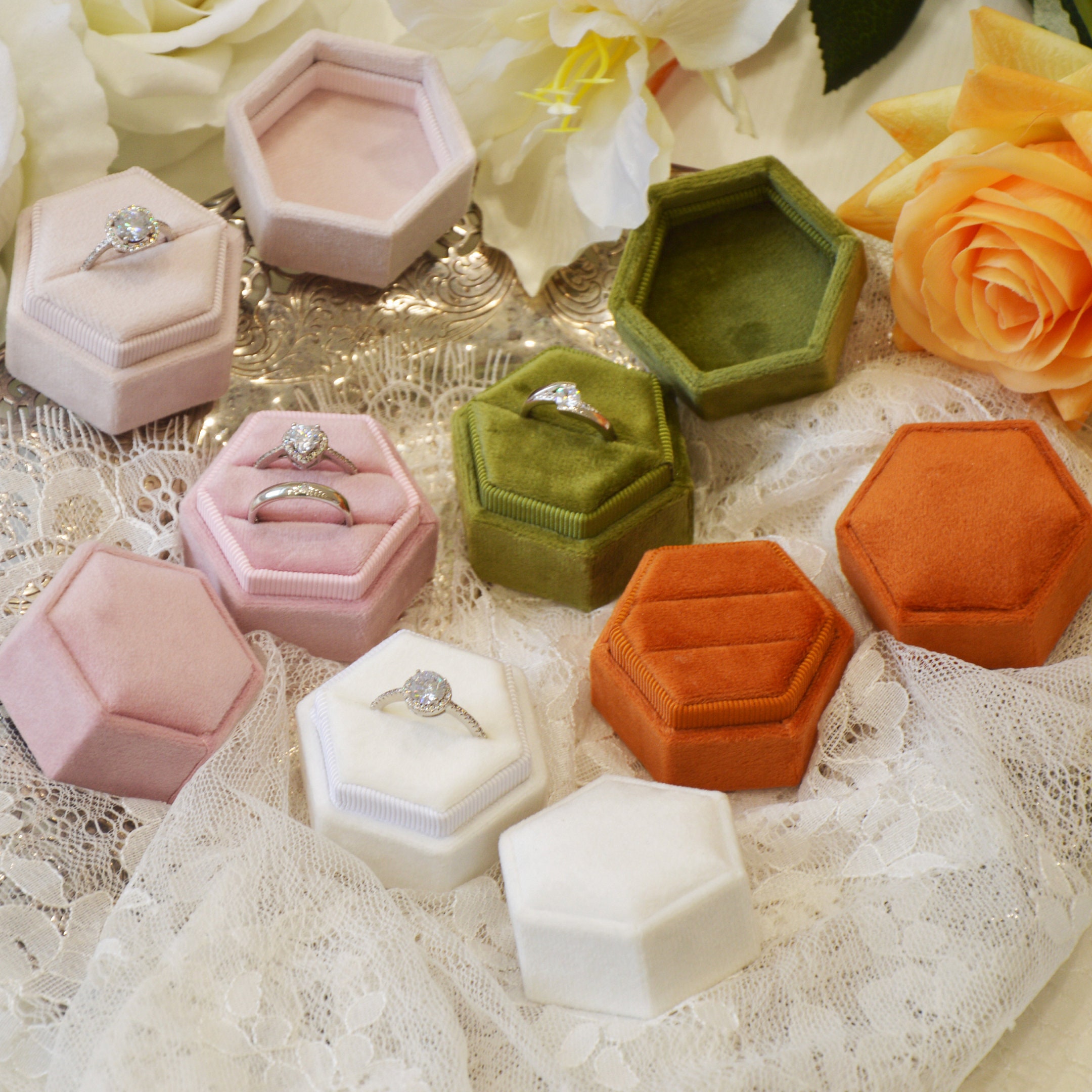 16 COLORS Velvet Ring Box Double Hexagon Vintage Style Etsy
