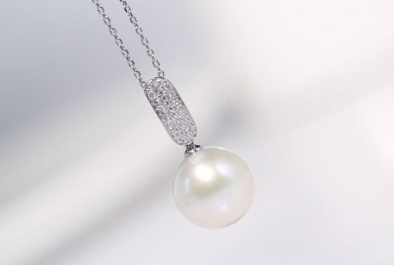 13mm Superior Natural White Pearl Necklace 14k Solid White Gold