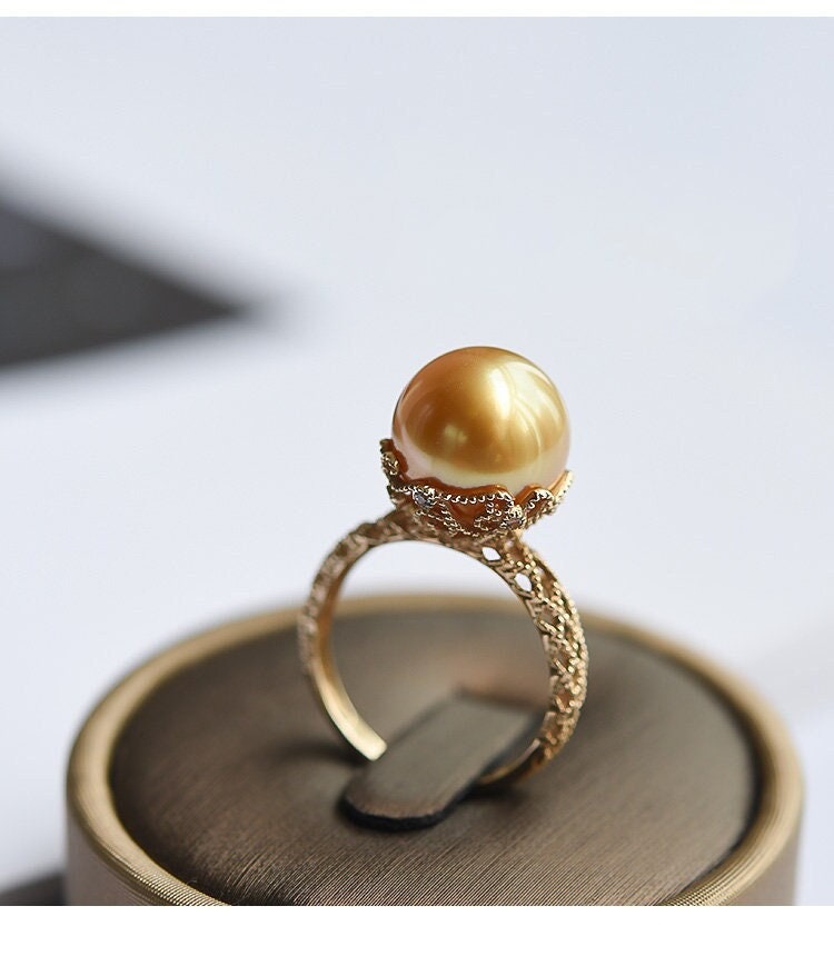 12mm Natural White South Sea Pearl Ring 925 Silver Pearl Ring, Open Ring,  Gift for Her, Seawater Pearl, Granulation Ring 