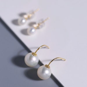 18K Solid Yellow Gold With 5A White Purple Pearl Earrings, Handmade ...