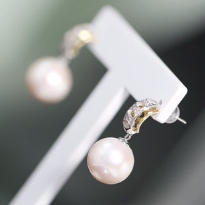 13mm Natural High Luster Pearl Earrings, Silver 925 Handmade Carved Earrings, Freshwater Pearl Earrings, White Pink Pearl, Gift Idea image 4