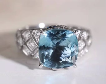 3.08Ct Aquamarine Cushion Cut Ring, PT950 White Diamonds Ring, Pave Set Wedding Ring,