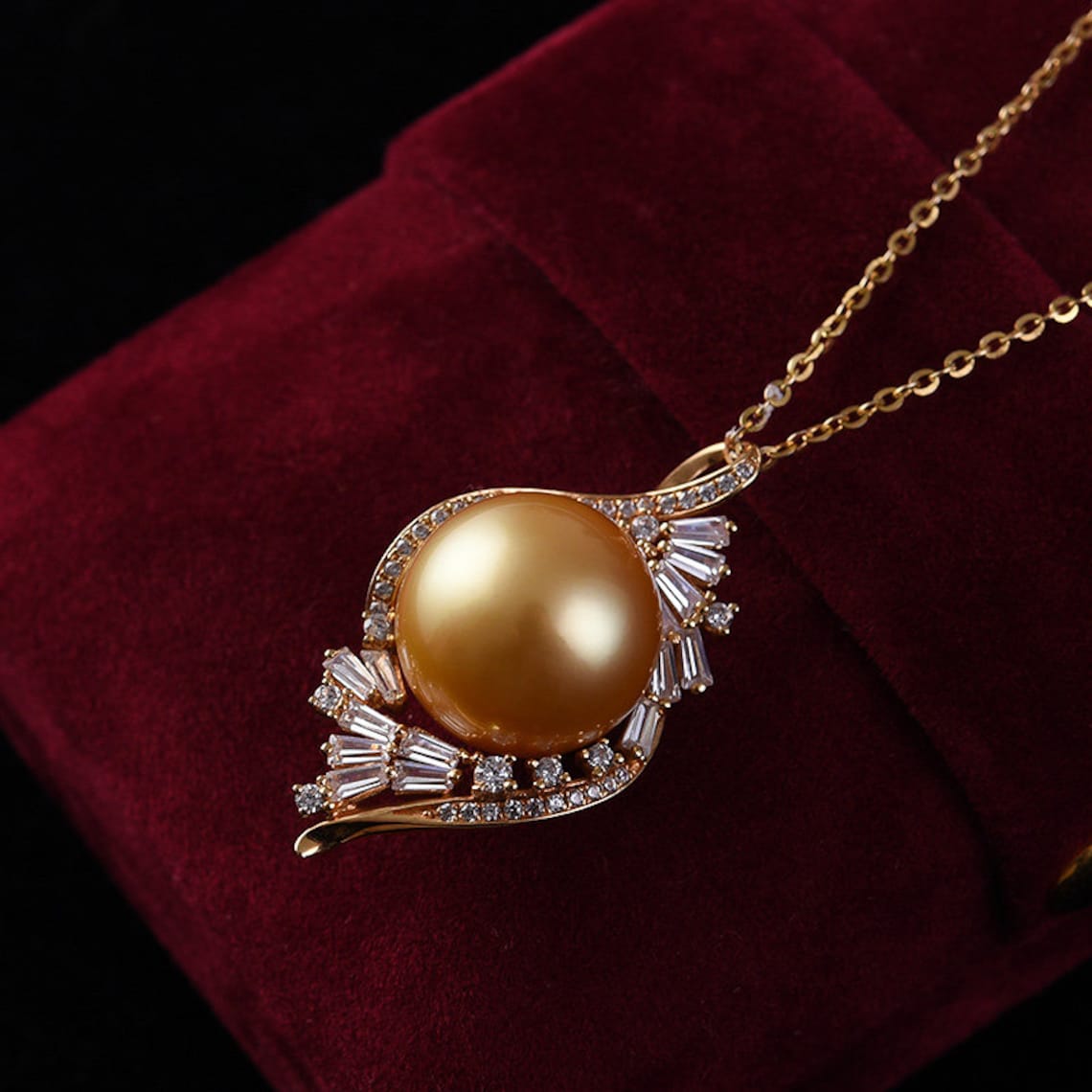 13mm Natural Golden South Sea Pearl Necklace 18K Solid Gold Etsy