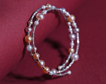 Trendy Mixed Pearls Silver Bangle - 925 Beaded Pearls Accents, High Luster Pearls, Perfect for Layering Jewelry