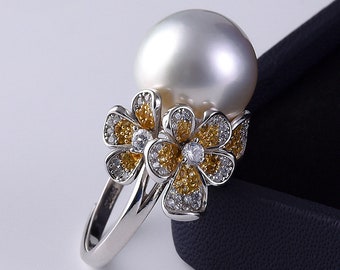 12mm Natural White South Sea Pearl Ring 925 Silver Pearl Ring, Open Ring, Gift for Her, Seawater Pearl, Granulation Ring