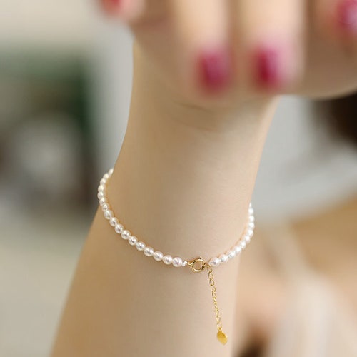 18k Yellow Gold 3-4mm Natural Freshwater Baby Pearl Bracelets, Handmade Baby Golden Pearl Bracelets Freshwater Baby Pearl Beaded shops Choker
