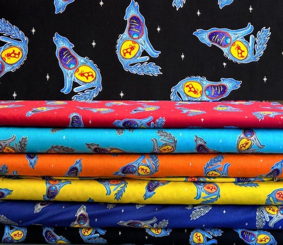 Loretta Gould Wolf Print Cotton Indigenous Art Quilt Cotton with Wolf Stars Sewing Material Native Fabrics Wolf Quilt Canadian Artist Fabric