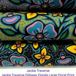 May include: Close-up of stacked fabric rolls featuring a large floral pattern. The design includes teal, pink, and yellow flowers with black outlines on a gray and green background. The text "Jackie Traverse" is visible.