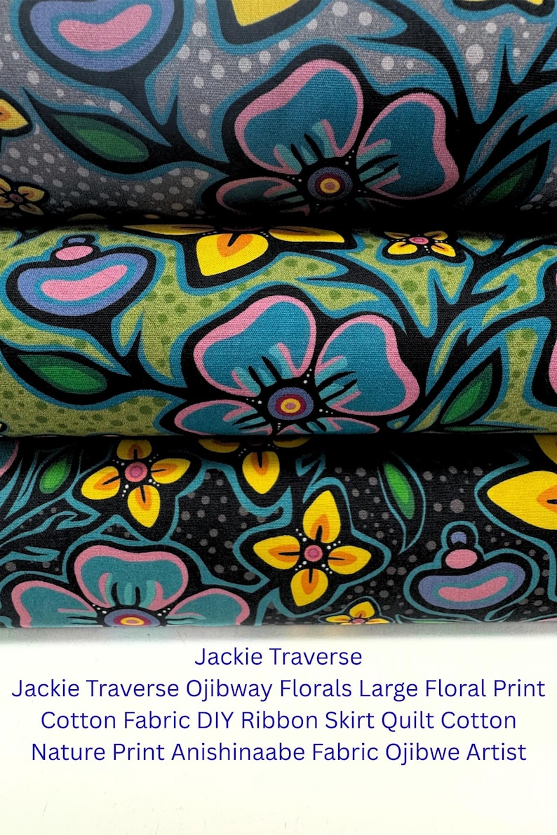 May include: Close-up of stacked fabric rolls featuring a large floral pattern. The design includes teal, pink, and yellow flowers with black outlines on a gray and green background. The text "Jackie Traverse" is visible.