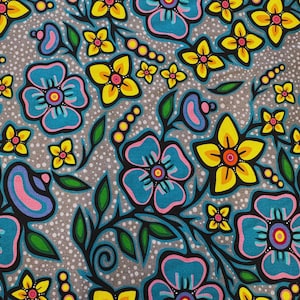 May include: A floral pattern featuring stylized flowers in shades of turquoise, yellow, and pink, set against a gray background dotted with white. The design includes black outlines and green leaves, creating a vibrant, repeating motif.