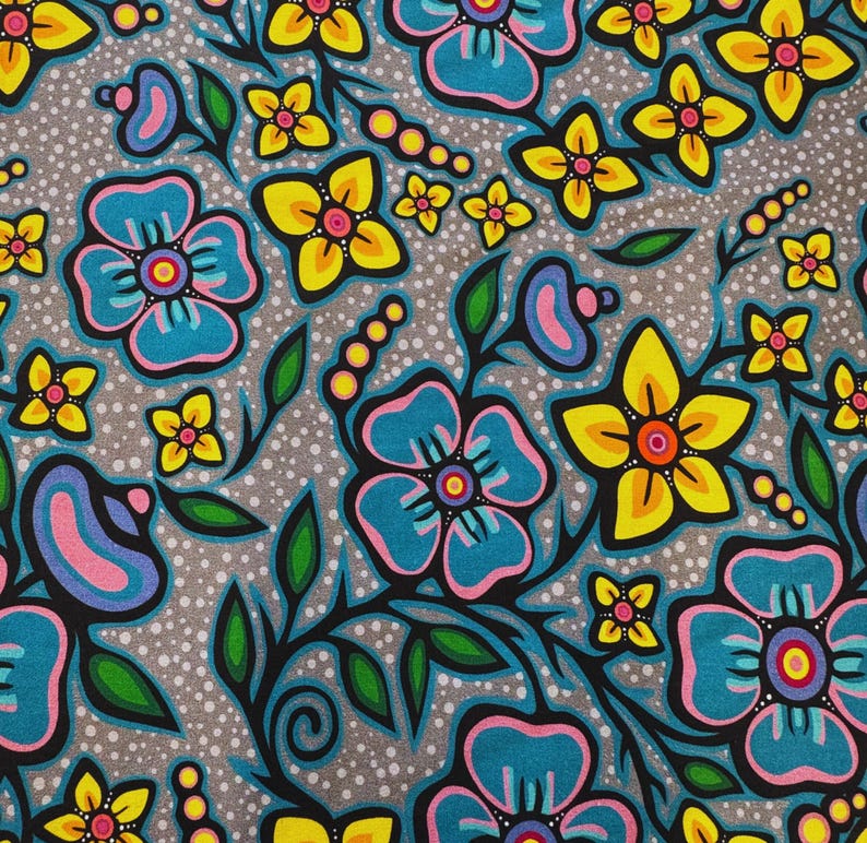 May include: A floral pattern featuring stylized flowers in shades of turquoise, yellow, and pink, set against a gray background dotted with white. The design includes black outlines and green leaves, creating a vibrant, repeating motif.