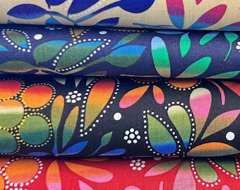 Sacred Place Betty Albert Fabric Cotton Quilt Fabric DIY Sewing Supply Ribbon Skirt Quilt Cotton Prints Indigenous Art Rainbow Flower Fabric