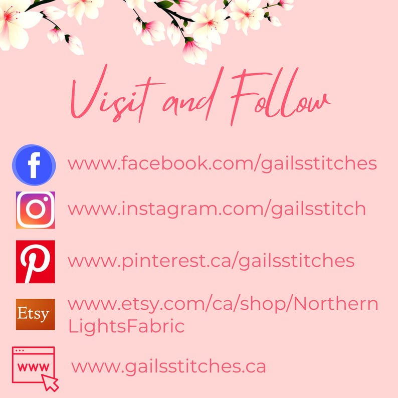 May include: Visit and follow Gail's Stitches on Facebook, Instagram, Pinterest, Etsy, and their website.  The image includes links to each social media platform and website.