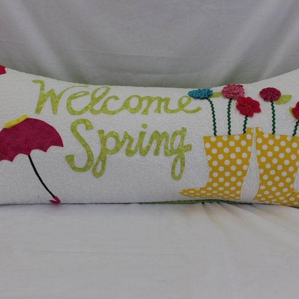 Bench Pillow-Welcome Spring Bench Pillow, pink, boots, rick, rack, umbrella,removable outer cover