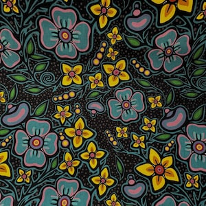 May include: A repeating pattern of stylized flowers in teal, yellow, and pink on a black background. The design includes large teal flowers with pink and yellow centers, smaller yellow flowers, and decorative elements.