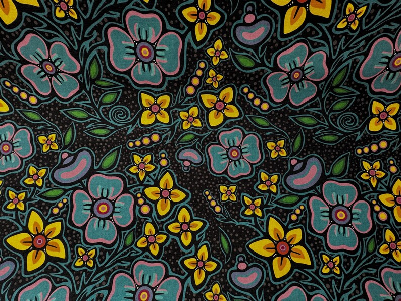 May include: A repeating pattern of stylized flowers in teal, yellow, and pink on a black background. The design includes large teal flowers with pink and yellow centers, smaller yellow flowers, and decorative elements.
