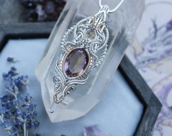 Ametrine and Citrine Silver Wire Wrap Pendant - Silver Elven Amulet - Handmade Gemstone Necklace - Swirly Filigree Crystal Pendant - Heady