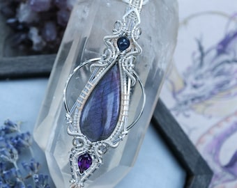 Purple Labradorite Amethyst and Sapphire Silver Wire Wrap Pendant - Silver and Gold Elven Amulet - Large Handmade Crystal Necklace - Heady