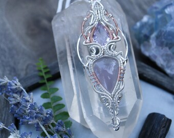 Nevada Purple Chalcedony and Lavender Amethyst Wire Wrap Pendant - Sterling Silver and Rose Gold Crystal Necklace - Fairy Elven Jewelry