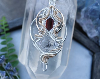 Enhydro Herkimer Diamond and Pink Tourmaline Silver Wire Wrap - Silver and Gold Crystal Pendant - Raw Crystal Jewelry - Handmade Silver