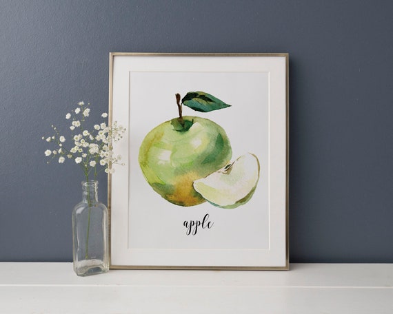 Green Apple Watercolor Print Kitchen Wall Decor Digital Etsy