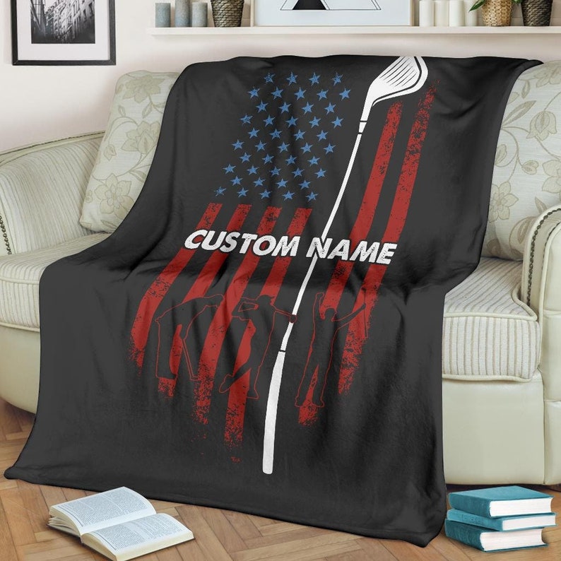 Black rectangular blanket made from high-quality fabric print the USA flag, white color golf stick, and your custom name