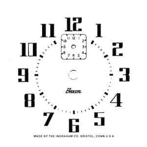 May include: A black and white clock face with bold numerals and a square inner dial. The word "Beacon" is printed in cursive below the center. The text "MADE BY THE INGRAHAM CO. BRISTOL, CONN USA" is printed at the bottom.