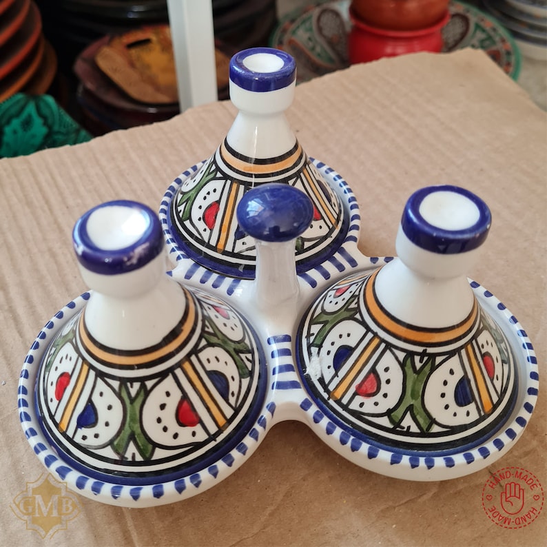 Moroccan Fassi Triple mini Tajine Hand Crafted 2 Colors imagem 6