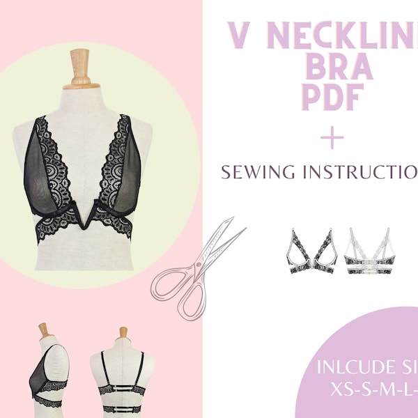 PDF V-neckline bra pattern Includes sizes from XS to XL. Sewing pattern, lingerie pattern, handmade, panty pattern, sewing pattern, bra