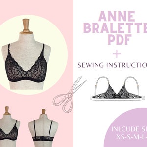 Anne bralette PDF pattern includes sizes from XS to XL, lingerie pattern, pattern of underwear, sewing pattern, handmade, bra pattern