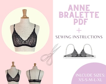 Anne bralette PDF pattern includes sizes from XS to XL, lingerie pattern, pattern of underwear, sewing pattern, handmade, bra pattern