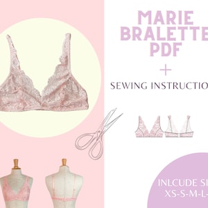 Puede incluir: Un patrón de costura digital para un bralette de encaje, llamado "Marie Bralette PDF". El patrón incluye instrucciones de costura y viene en tallas XS-S-M-L-XL.