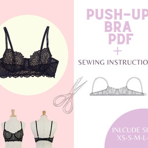 Könnte beinhalten: Ein PDF-Schnittmuster für einen schwarzen Push-up-BH aus Spitze mit Nähanleitung. Das Schnittmuster umfasst die Größen XS-S-M-L-XL.