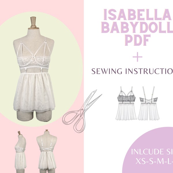 Isabella babydoll PDF pattern Includes sizes from XS to XL. Sewing pattern, lingerie pattern, handmade, panty pattern, sewing pattern, babydoll
