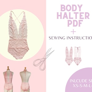May include: A digital download pattern for a pink lace halter bodysuit. The pattern includes sewing instructions and comes in sizes XS-S-M-L-XL.