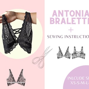 Antonia bralette PDF pattern includes sizes from XS to XL, lingerie pattern, pattern of underwear, sewing pattern, handmade, bra pattern