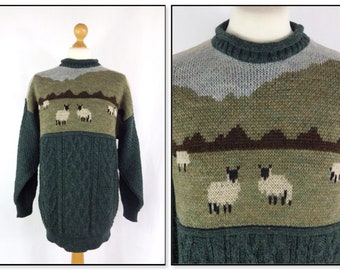 Vintage pure wool mens green cable knit sweater jumper pastoral scene sheep farming rustic cottagecore Chest 44" XL Grace and Garbo