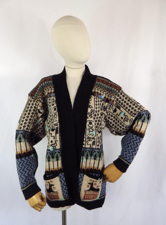 Vintage pure wool art deco style sequin cardigan pockets open front bust 41" Size 14 UK