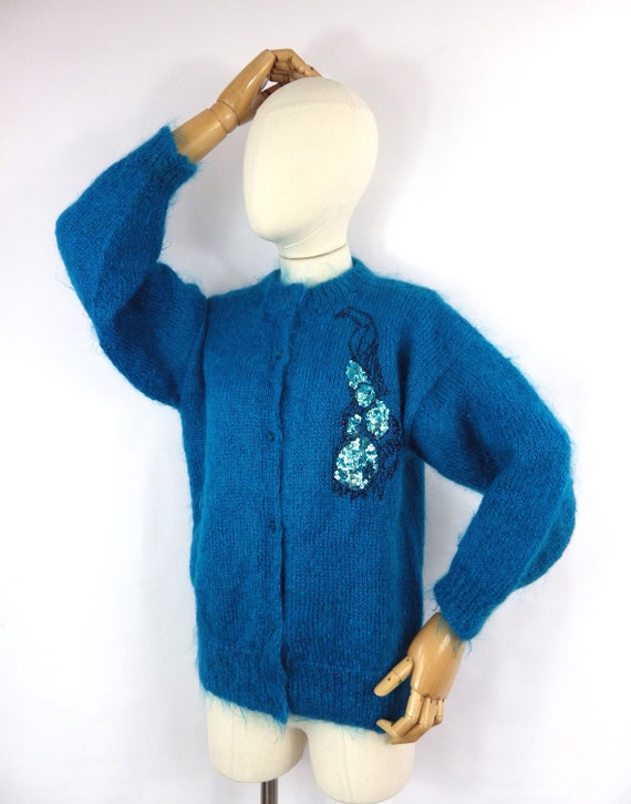 Vintage unique hand knit turquoise blue peacock s… - image 9