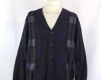 Vintage Geometrische Cardigan V-Neck: Retro Preppy Style (Brust 46 ")