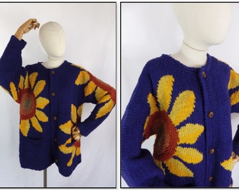 Vintage 90s iconic blue yellow sunflower hand knit chunky statement cardigan sweater pure wool Bust 46" M 16 18 UK oversized