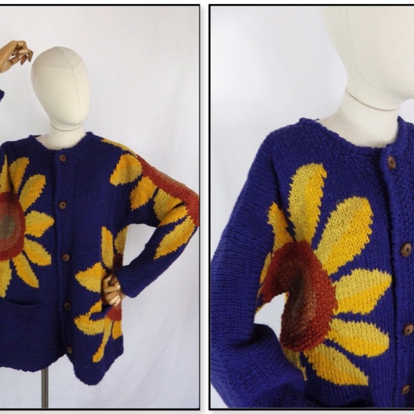 Vintage 90s iconic blue yellow sunflower hand knit chunky statement cardigan sweater pure wool Bust 46" M 16 18 UK oversized