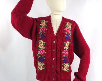 Vintage Red Wool Cardigan: Embroidered Floral Cable Knit, Bust 39"