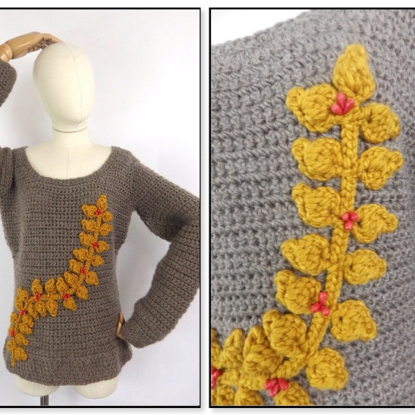 Vintage brown ochre mustard 3D vine applique beaded arty chunky wool hand knit sweater jumper S Small Size 10 UK Grace and Garbo