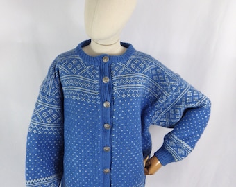 Vintage Nordic Wool Fair Isle Cardigan: Hand Knit Norway, Blue & White, L