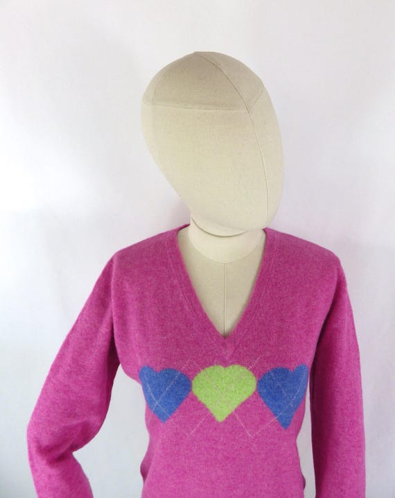 Vintage Angora Blend Sweater: Pink Heart V-neck, UK Size UK