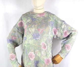 Vintage Cottagecore Floral Sweater, Pastel Cotton Blend, UK Size 12